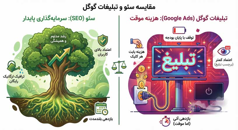 مقایسه سئو و تبلیغات گوگل